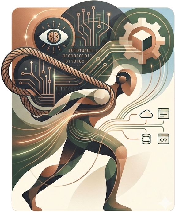 A figure carrying a heavy load using a tumpline, surrounded by technology and digital elements